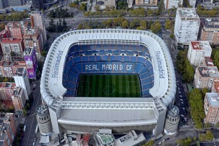 Aerial view of the empty blue and white Real Madrid stadium.