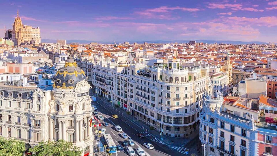 Aerial view of Madrid main street Grand Via in late afternoon.