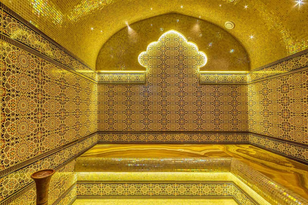 Intricately tiled interior of bath house