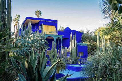 Vivid blue building and garden of cactus and exotic plants