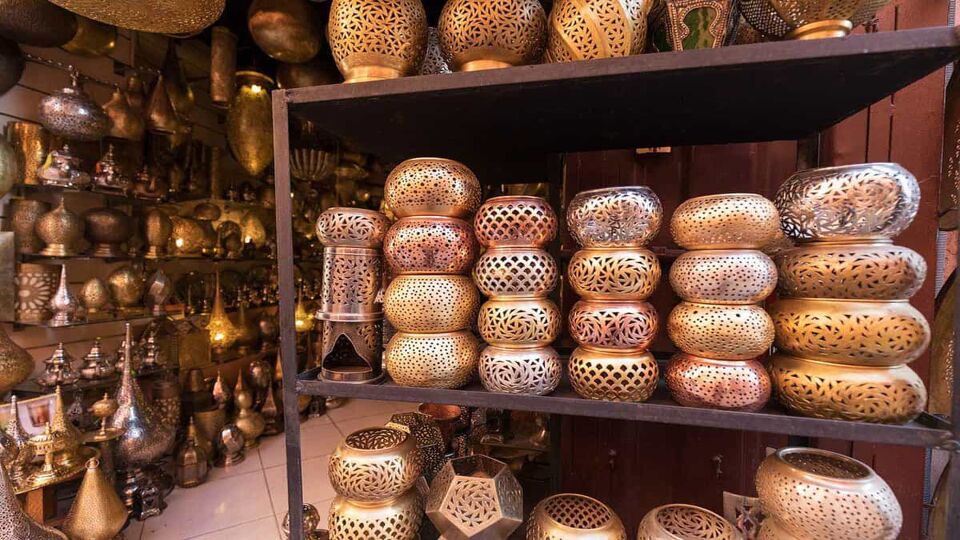 Moroccan style hanging lamps at a market stall