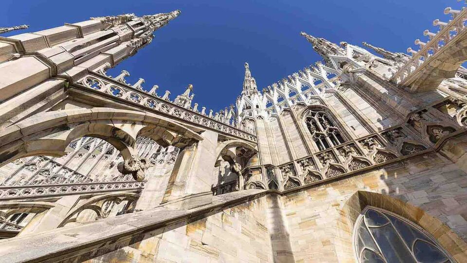 Milan Cathedral (Duomo di Milano), gothic church, details on facade, Milan, Italy. It is the largest church in Italy and the third largest in the world
