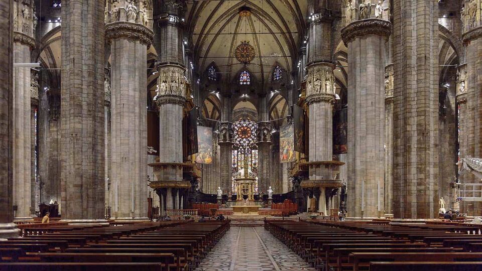 Interior of the Duomo di Milano (Dome of Milan), Milan, Italy. Metropolitan Cathedral-Basilica of the Nativity of Saint Mary