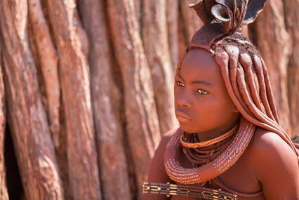 a close up portrait of a himba woman pitctured with long hair and two necklaces