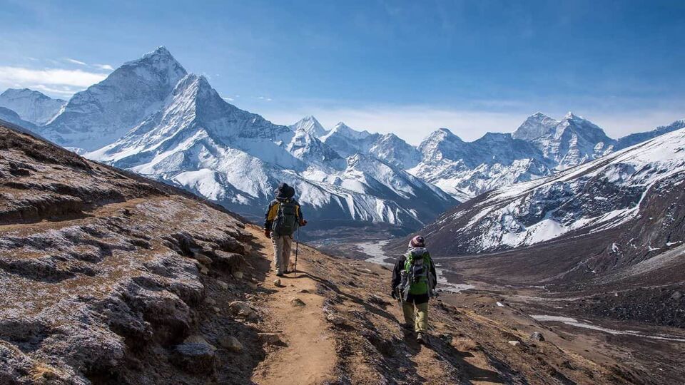 Trekkers walking on the way to Everest base camp, Nepal
