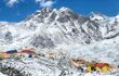 Bright yellow tents in Mount Everest base camp, Khumbu glacier and mountains, sagarmatha national park, trek to Everest base camp - Nepal Himalayas