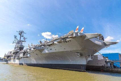 Exterior of the aircraft carrier USS Intrepid, now home to a museum