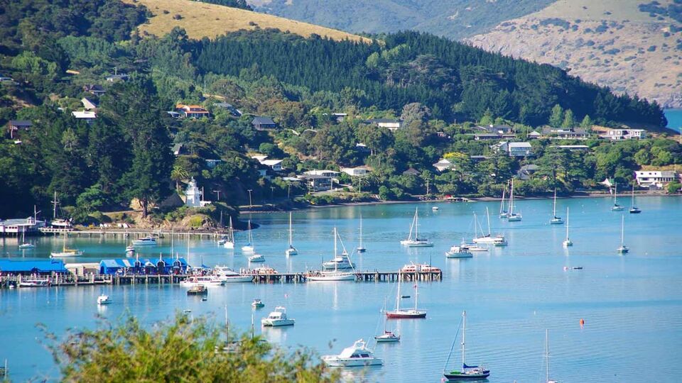 The tranqil harbour of Akaroa in New Zealand's South Island