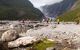 Tourists crossing a bridge near Franz Josef Glacier, West Coast, New Zealand.