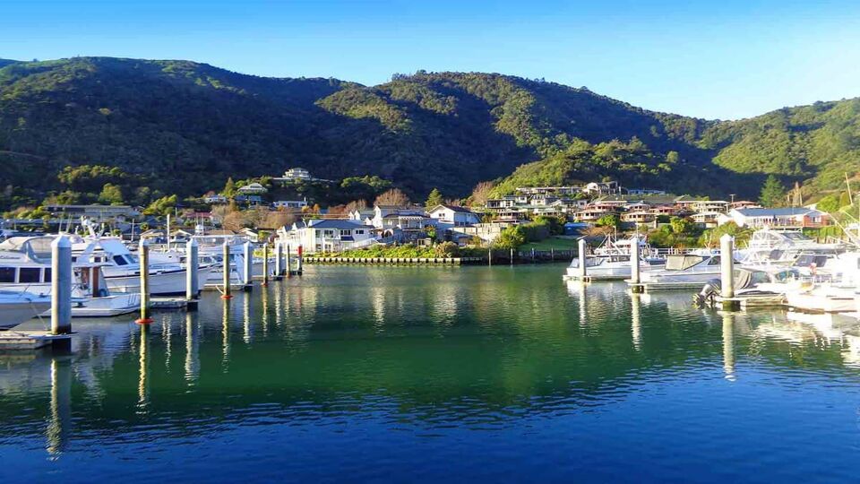 Picton New Zealand. Famous harbor town. Yacht marina on Sunny day