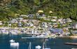 Boats moored in Queen Charlotte Sound, Aerial view of Picton harbour in Cook Strait, Marlborough region, South Island, New Zealand