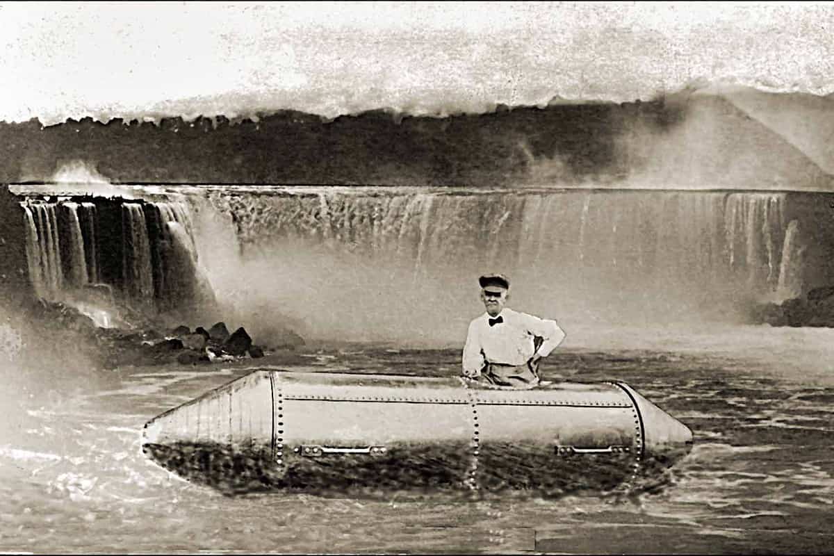 Old photo of a man by a metal capsule submarine in Niagara Falls
