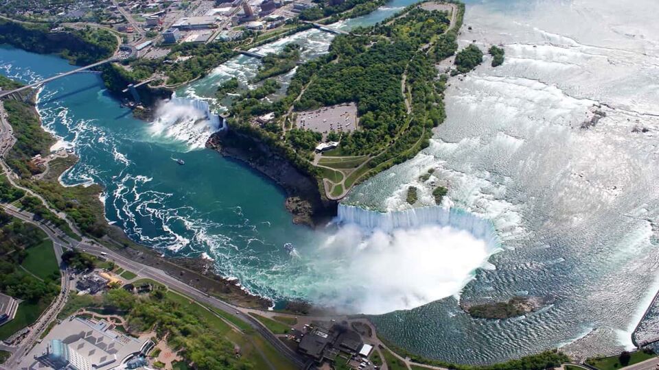 Niagara Falls American and Canadian side above view from Helicopter