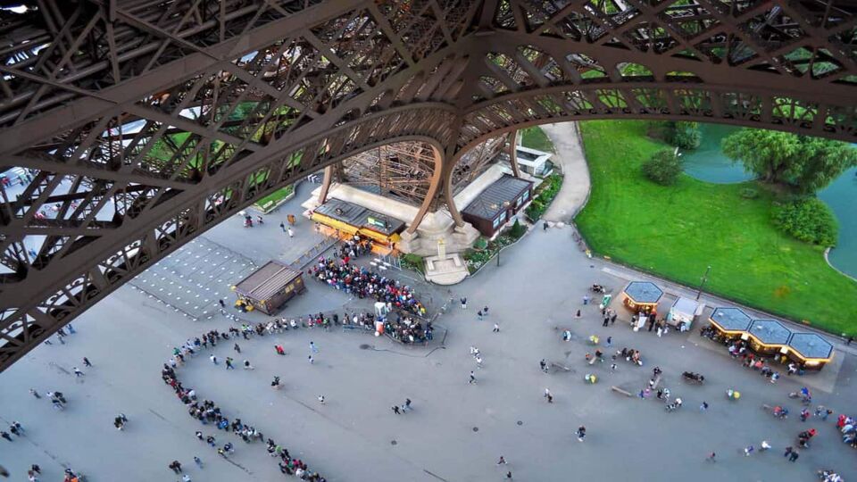 High angle view looking down from the Eiffel Tower of a long queue to the visit the landmark