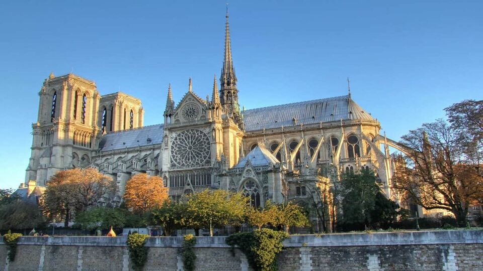 A view of the Notre Dame Cathedral from a distance on a sunny blue day