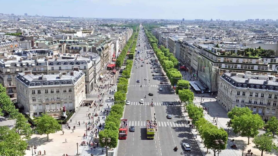 View down the Champs Elysees street from the Arc de Triomphe