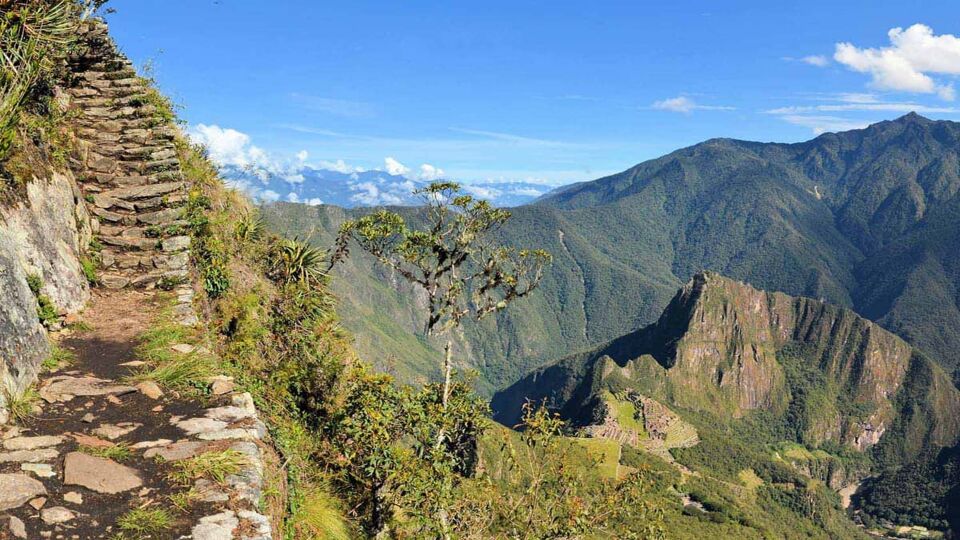Stairs of an Inca trail up Macchu Picchu mountain with the lost city below
