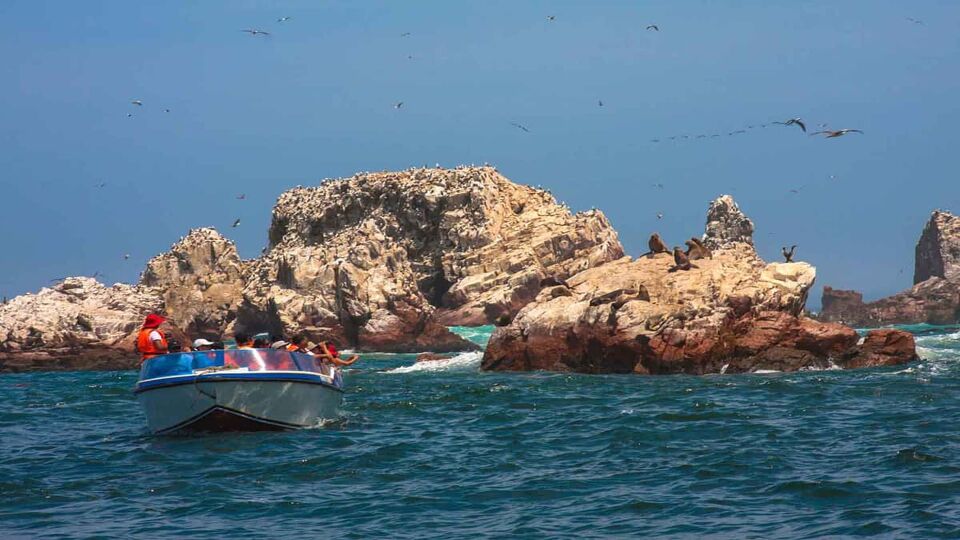 Tourists viewing rock formations from a small boat