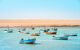 Small fishing boats in light blue water, with desert coastline in the background