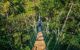 A tourist crosses a suspension bridge across a river