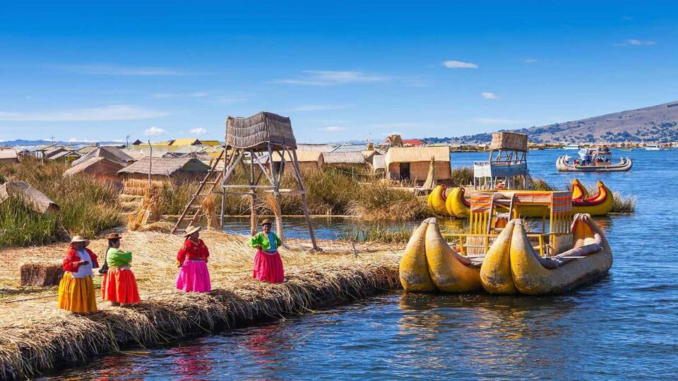 Floating reed islands and reed boats in Lake Titicaca