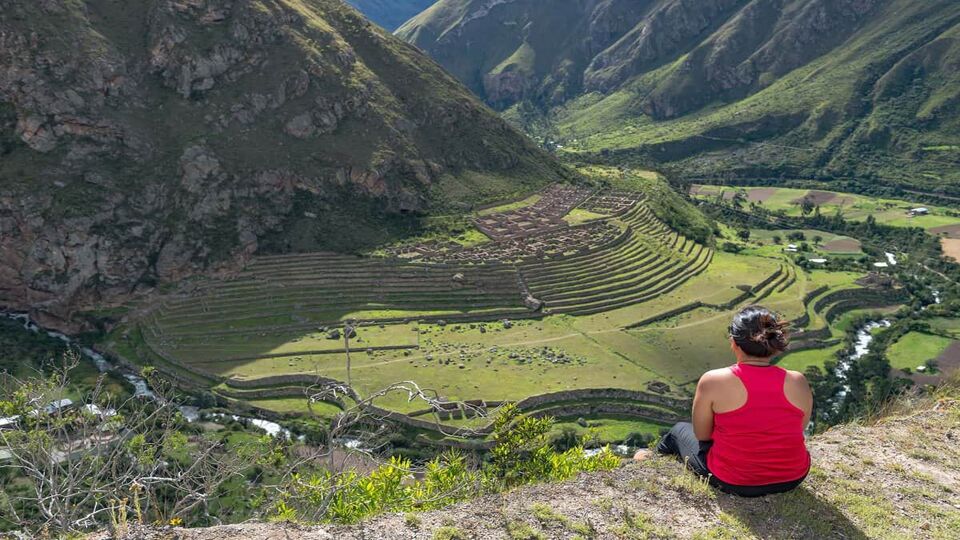 A seated traveller admires the view of grassy stepped Incan agriculture