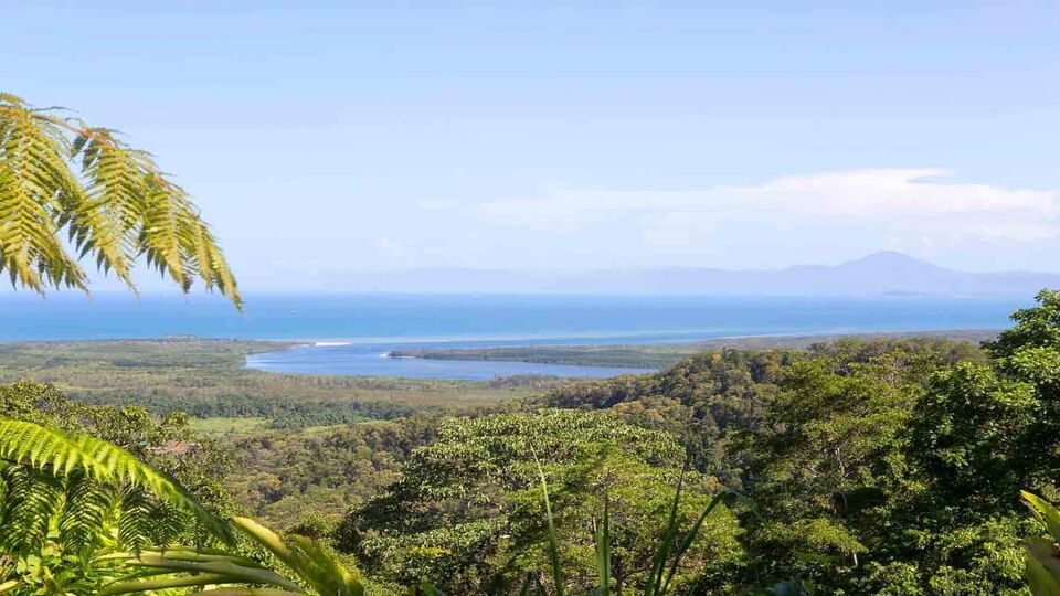 Ocean coastline and The Daintree River from Mt Alexandra Lookout in Tropical North Queensland, Australia