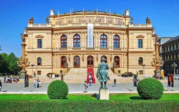 Exterior facade of the golden stone Building of the National Opera of Prague and the Czech Republic