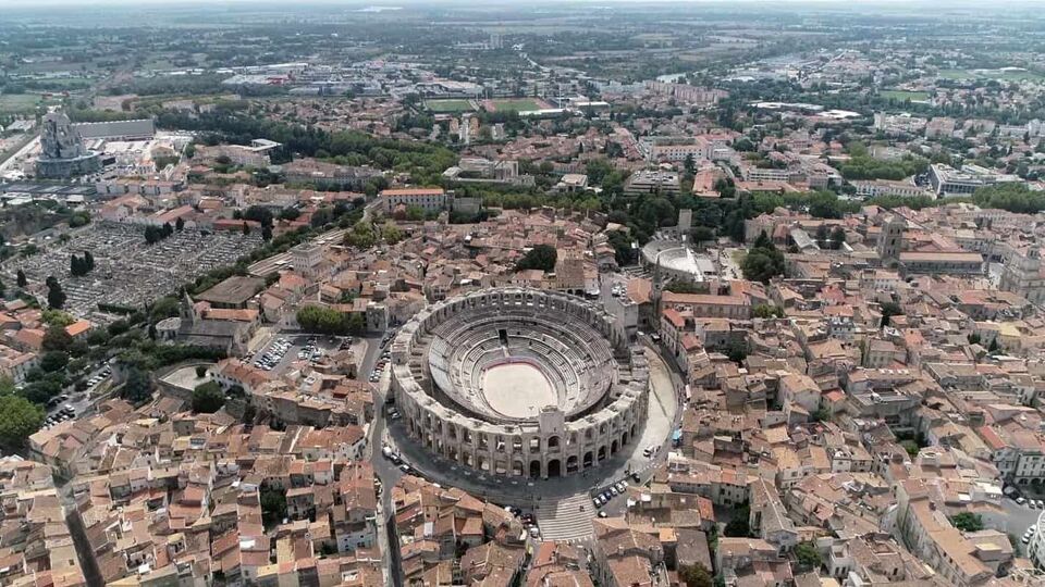 Aerial view of the Arles Ampitheatre and the surrounding city