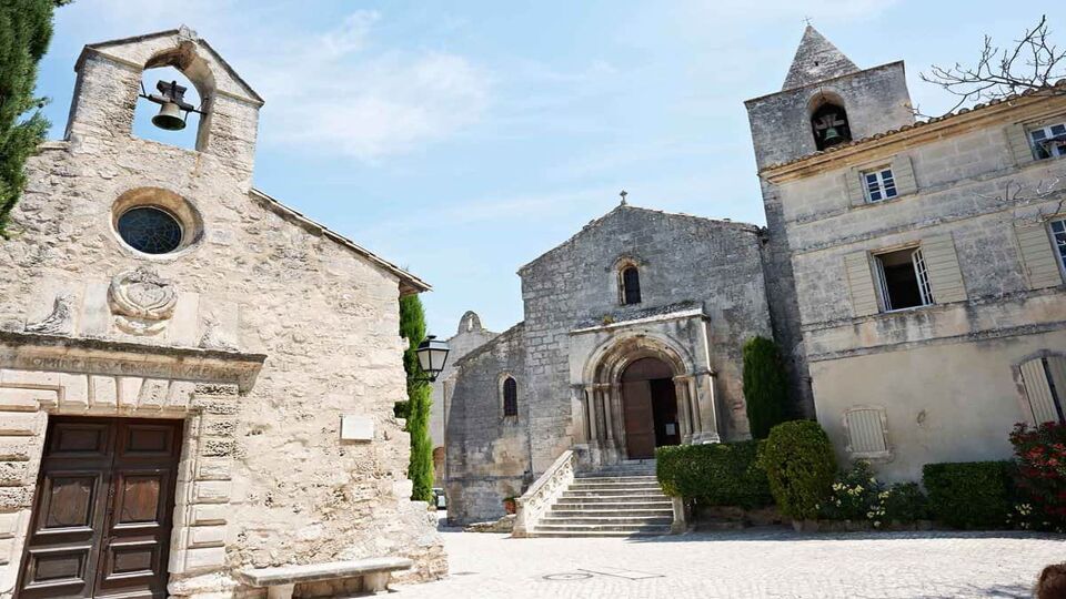 Buildings of ancient church and cathedral in village Les Baux de Provnece, South France