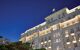 Hotel frontage lit at night