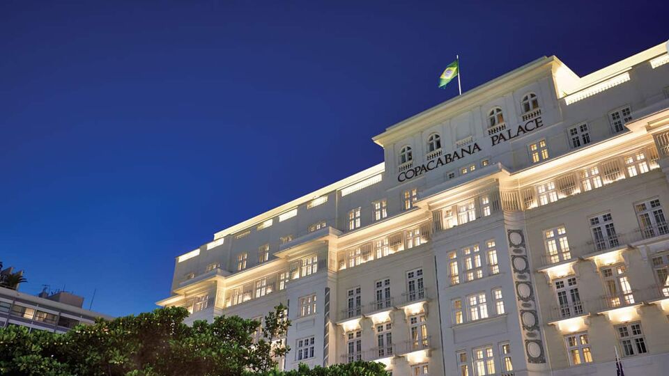 Hotel frontage lit at night