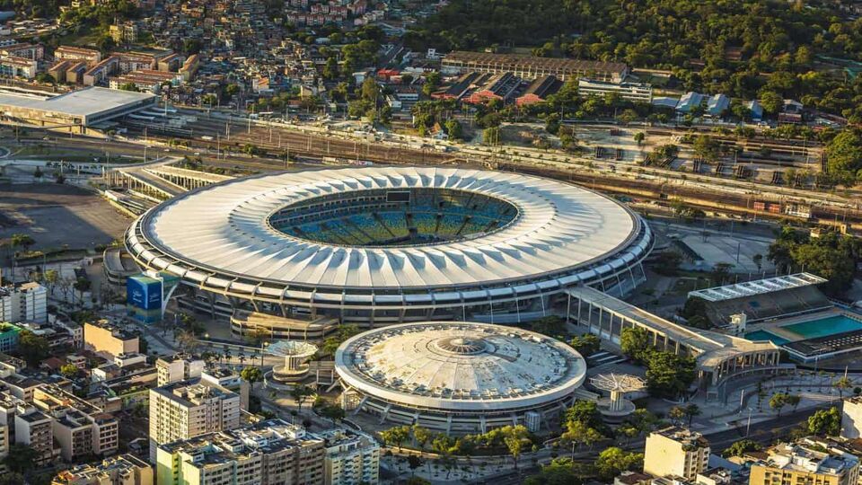 Large stadium in urban landscape