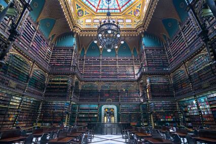 Spacious reading room and walls lined with books