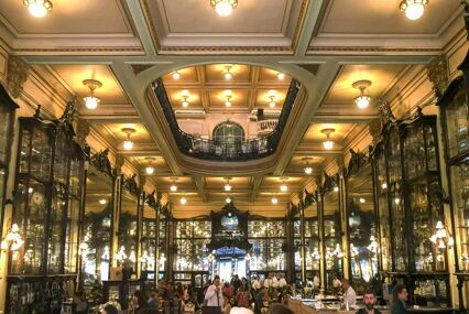 Large hall with yellow ceiling lights