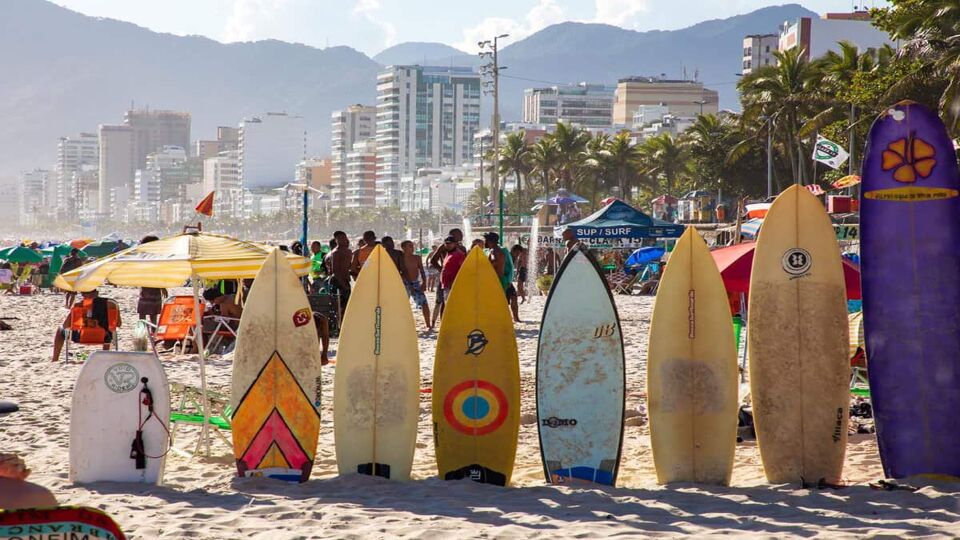 Several surfboards stood in up in sand