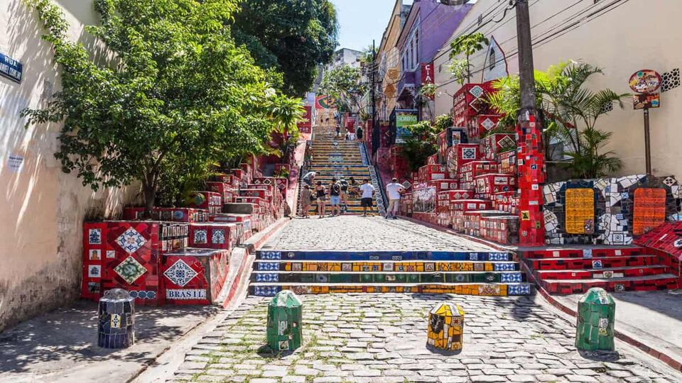 Brightly painted cobbled stairs in street