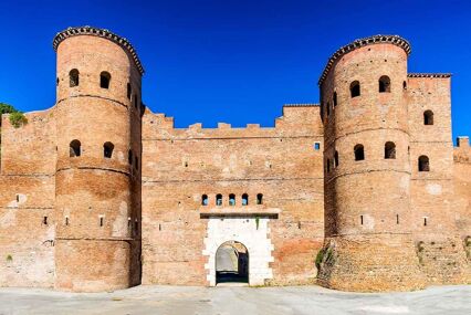 Porta Asinaria is a gate in the Aurelian Walls of Rome, ancient landmark from Roman Empire, stone walled largest city of the world.