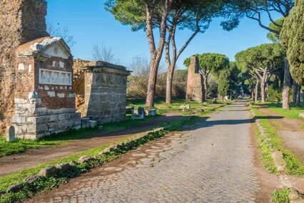 The ancient Appian Way (Appia Antica) in Rome, showing tombs on either side