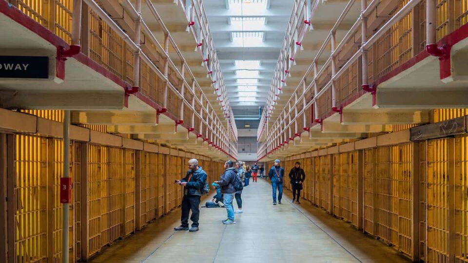 rows of cells in Alcatraz prison, San Francisco