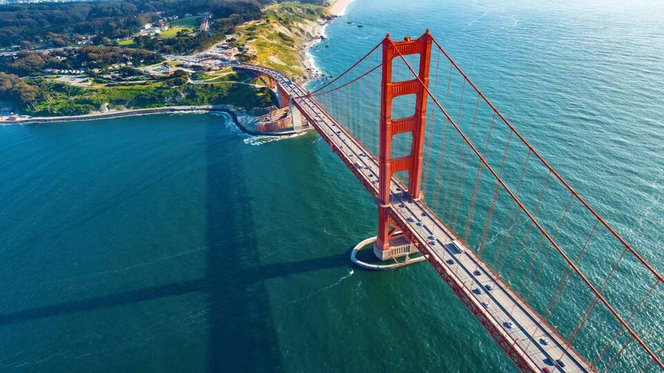 Aerial view down on the Golden Gate Bridge