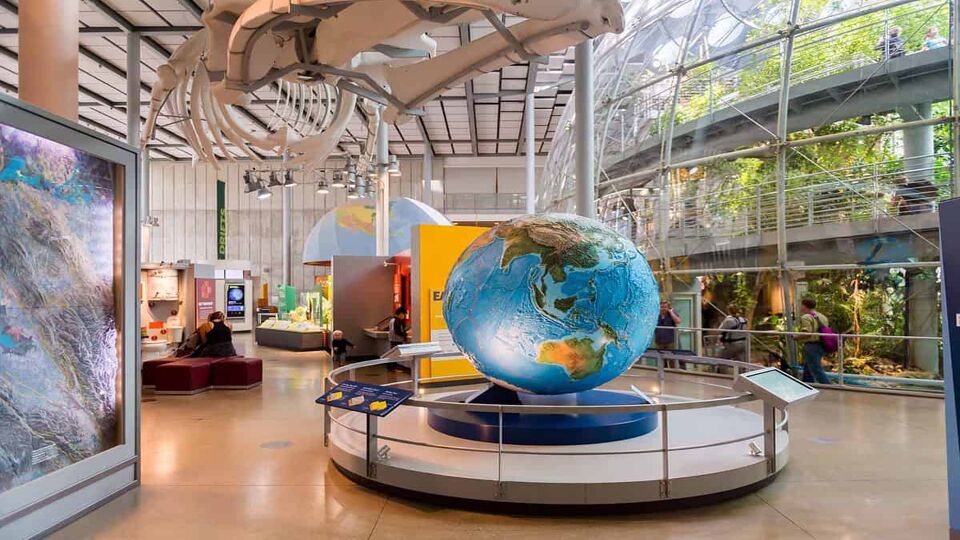 Interior entrance hall with globe in California Academy of Sciences