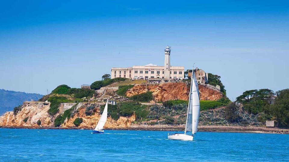 Alcatraz prison and yachts in San Francisco bay