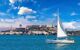 Sailing yacht against Alcatraz prison Island in San Francisco, California, USA