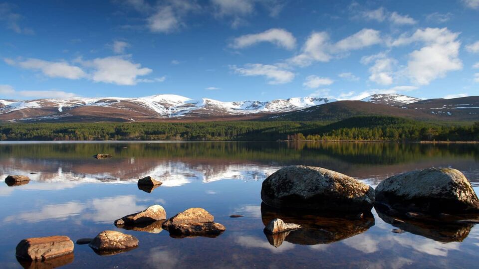 View of a lake with snow-capped mountains behind