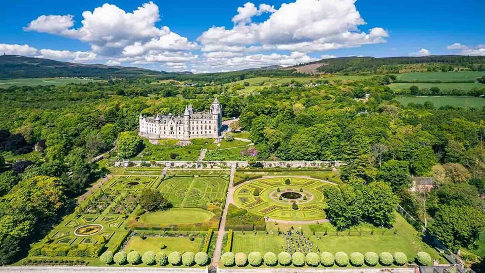 Dunrobin Castle and Gardens from a drone, NC500, Scotland