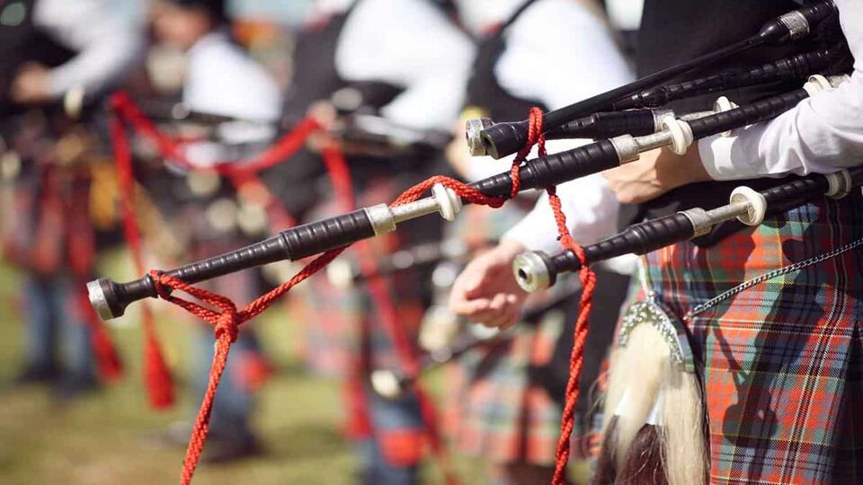 Close up on a row of the ends of bagpipes