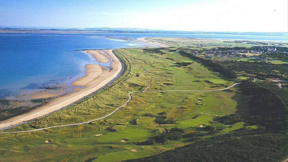 Aerial view of the Royal Dornoch course stretching along the coastline