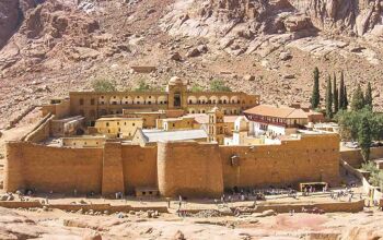 Aerial view of the Monastery of St. Catherine, the oldest Christian Monastery located on the slopes of Mount Horeb, Sinai Peninsula in Egypt.