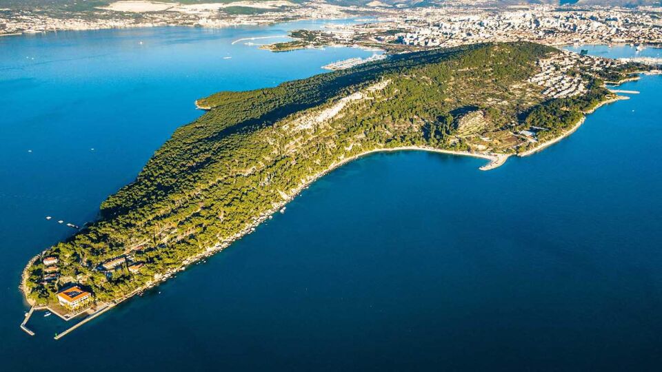 Aerial view of the city Split over the park Marjan